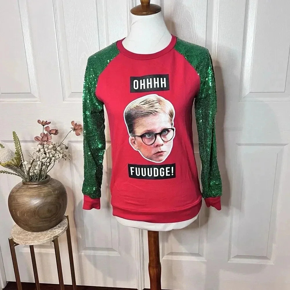A Christmas Story Womens Red Green Sequin Ugly Sweater Sz Small Holiday Novelty‎